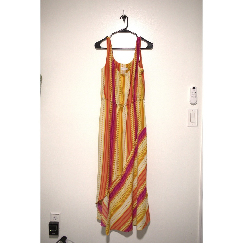 Calvin Klein Women Multi Color Striped High Low Maxi Dress Size 10 Orange Pink